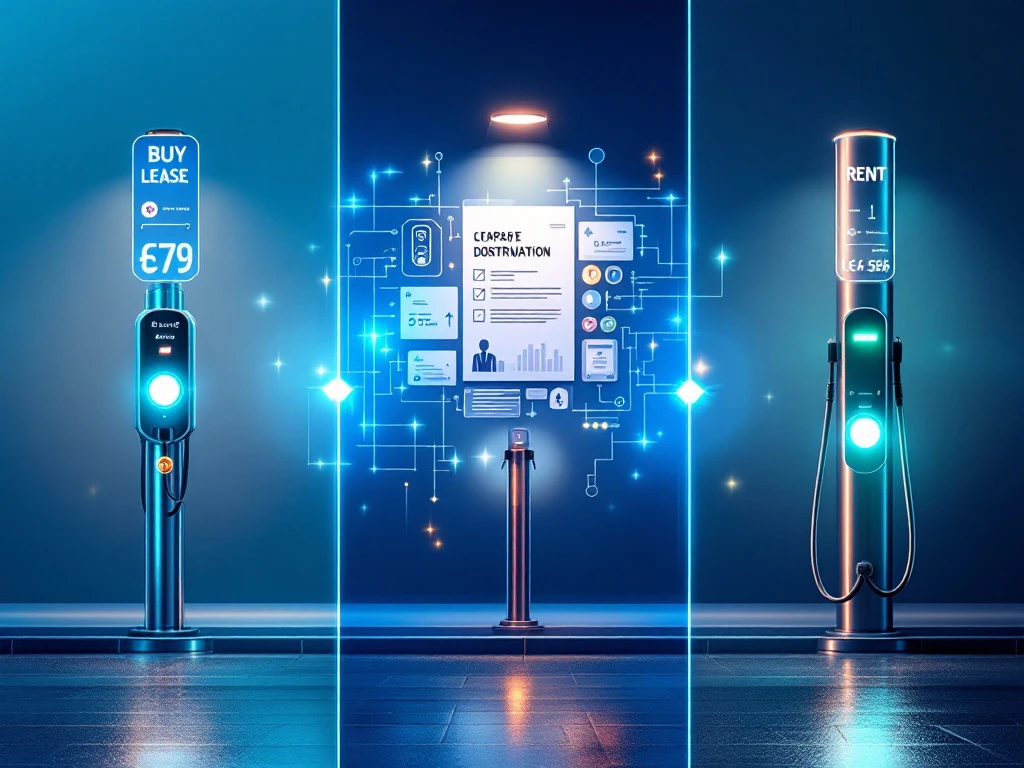 Driedelige vergelijking van EV-laadstation opties: kopen, leasen en huren met blauwe en groene kleuraccenten