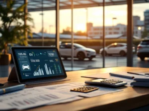 Calculator en tablet met laadstation-iconen op bureau, elektrische auto's en zonnepanelen zichtbaar door ramen