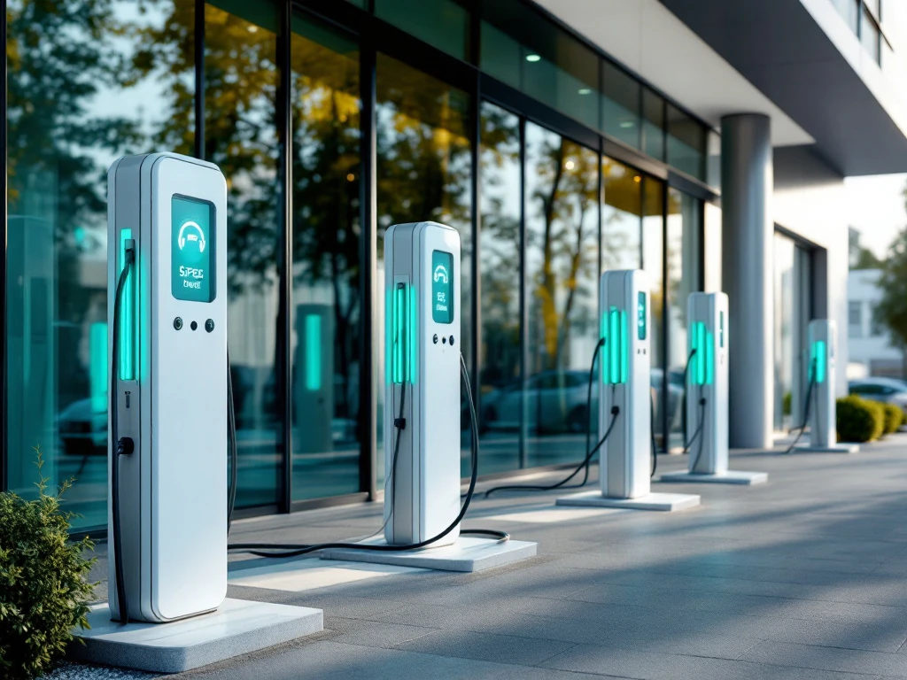 Moderne EV-laadstations met LED-indicatoren voor kantoorgebouw, georganiseerde kabels en professionele laadinfrastructuur