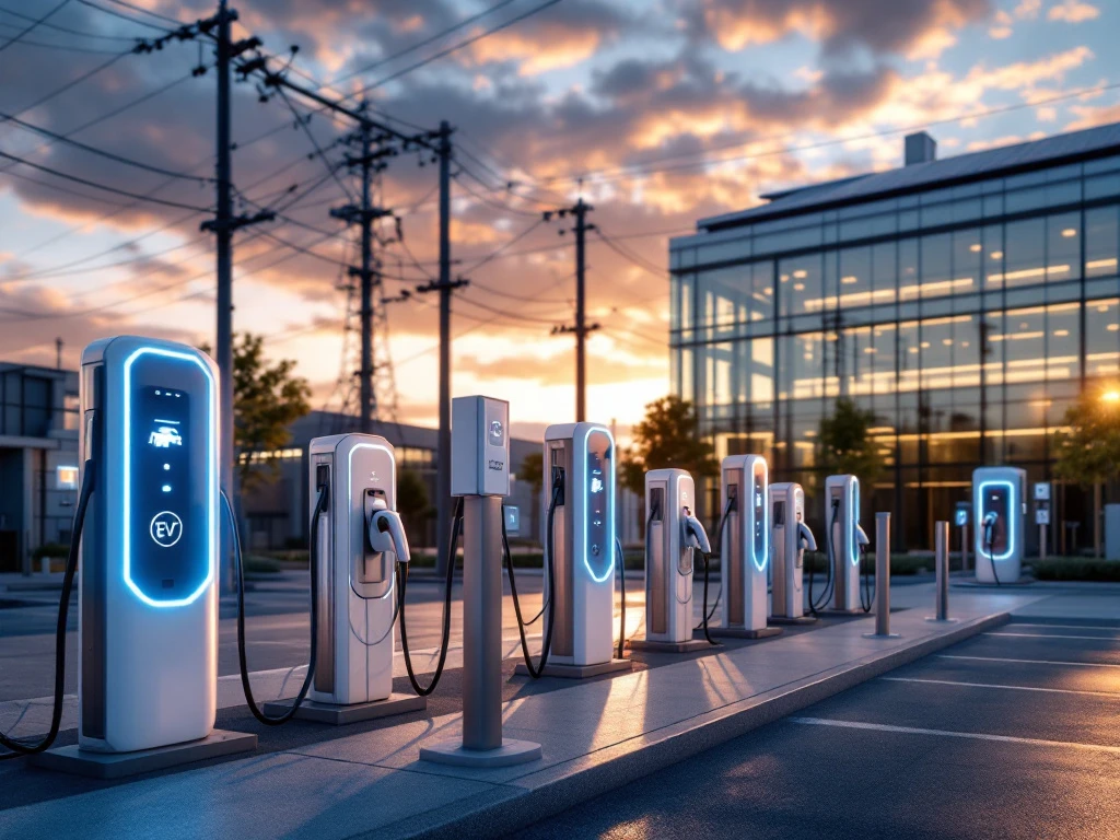Modern kantoorgebouw met zonnepanelen en elektrische laadstations voor auto's in gouden uurtje verlichting