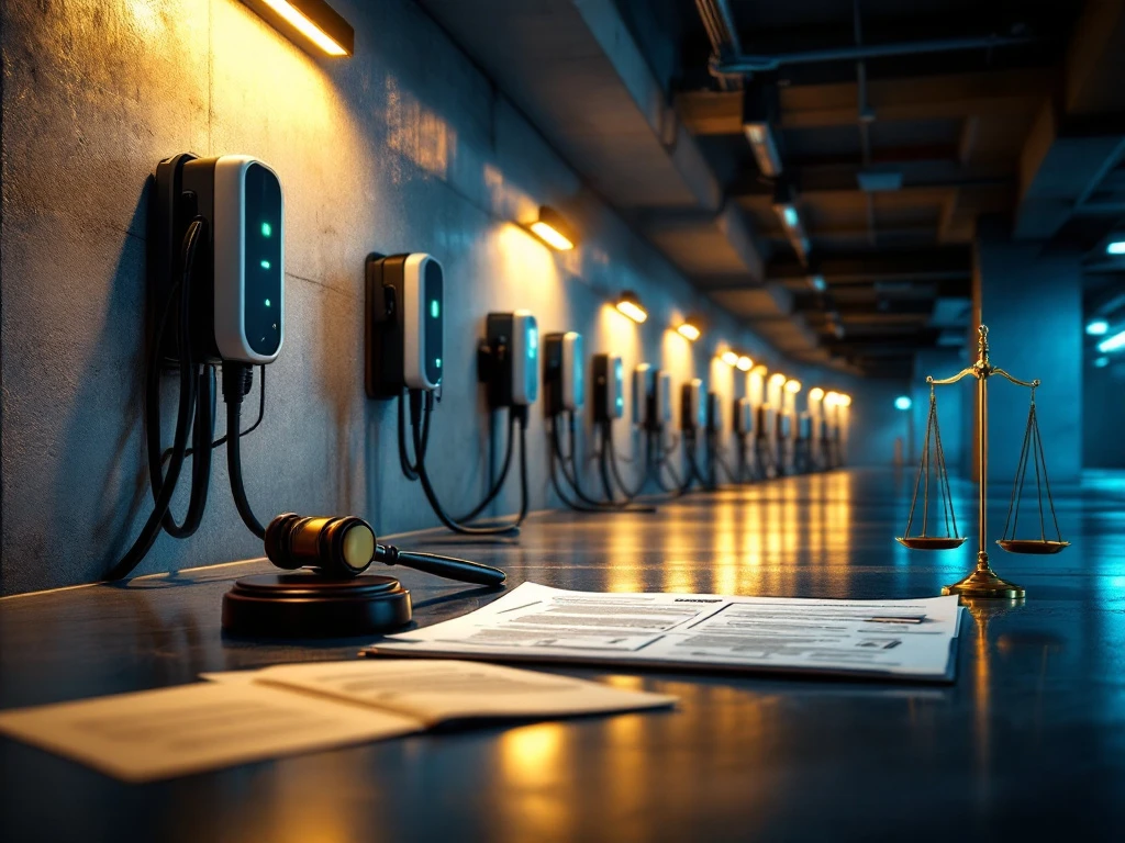 Ondergrondse parkeergarage met EV-laadstations en juridische documenten met hamer op voorgrond
