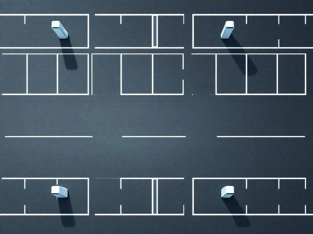 Luchtfoto van moderne bedrijfsparkeerplaats met EV-laadstations in geometrisch rasterpatroon, grijze en blauwe tinten