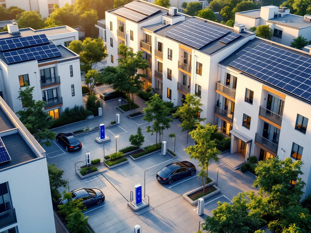 Luchtfoto van modern wooncomplex met EV-laadstations, zonnepanelen en duurzame energie-infrastructuur in binnenplaats