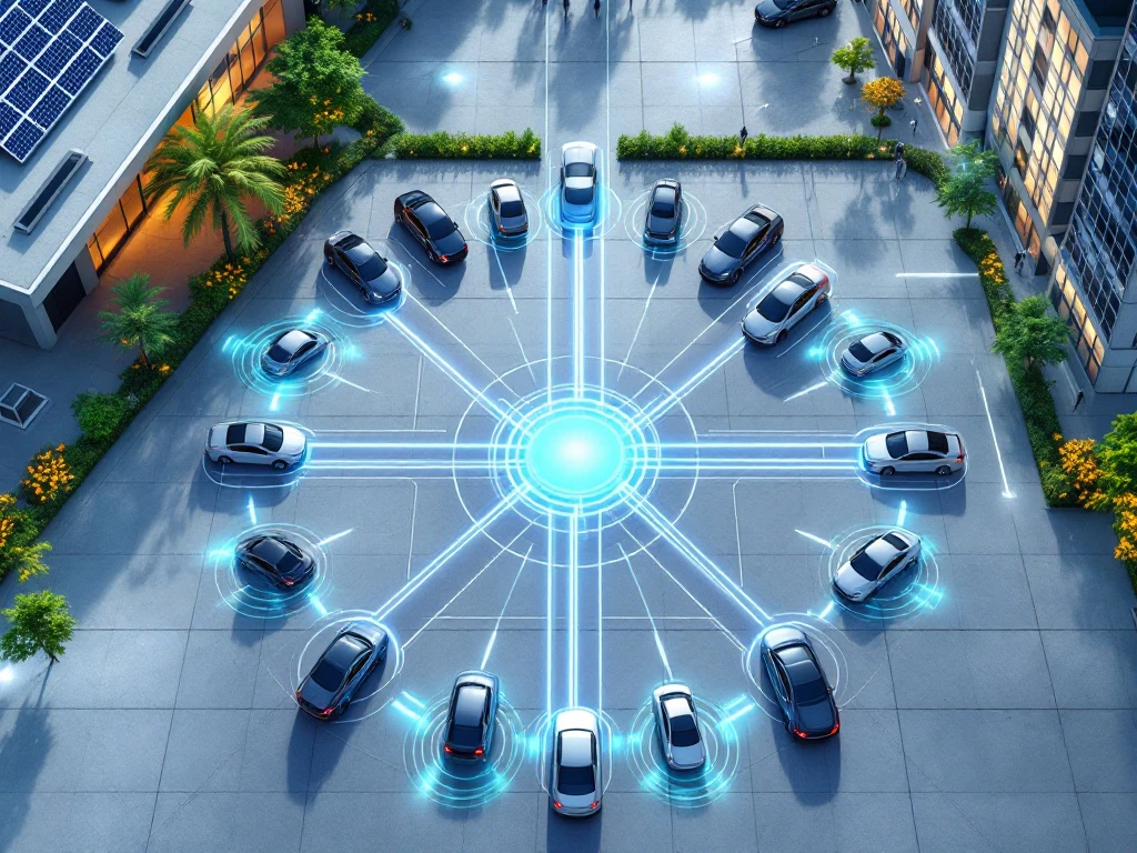 Luchtfoto van moderne EV-laadstations in geometrische patronen met zonnepanelen en elektrische voertuigen