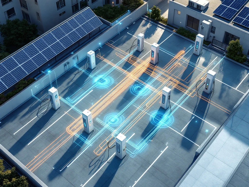 Luchtfoto van witte EV-laadstations in moderne parkeergarage met blauwe LED-indicatoren en zonnepanelen op daken