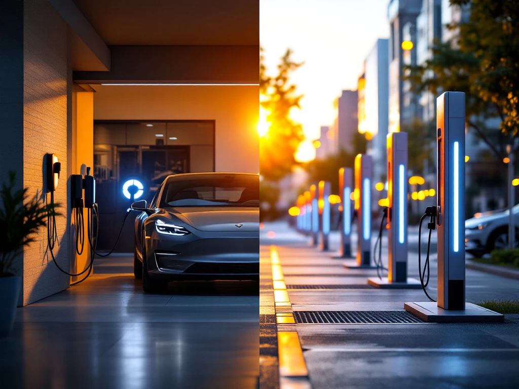 Split-screen vergelijking van EV-opladen: privé garage met wandlader links, openbaar laadstation met snelladers rechts