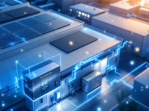 Moderne industriële faciliteit met zonnepanelen, EV-laadstations en batterijopslag verbonden door blauwe energiestromen