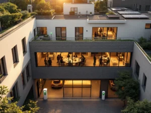 Luchtfoto van moderne Nederlandse appartementen met EV-laadstations en zonnepanelen op daken