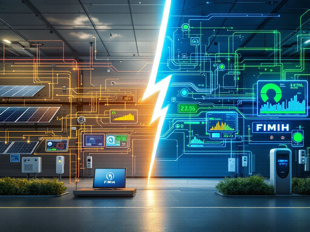 Vergelijking van traditionele en slimme energiebeheersystemen gescheiden door bliksemschicht, van statisch naar dynamisch