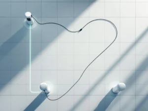 Bovenaanzicht van elektrische laadstations in minimalistisch design met witte zuilen en groene stroomindicatoren