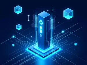 Isometrische illustratie van elektrisch laadstation met energiestromen in blauw en cyaan tinten