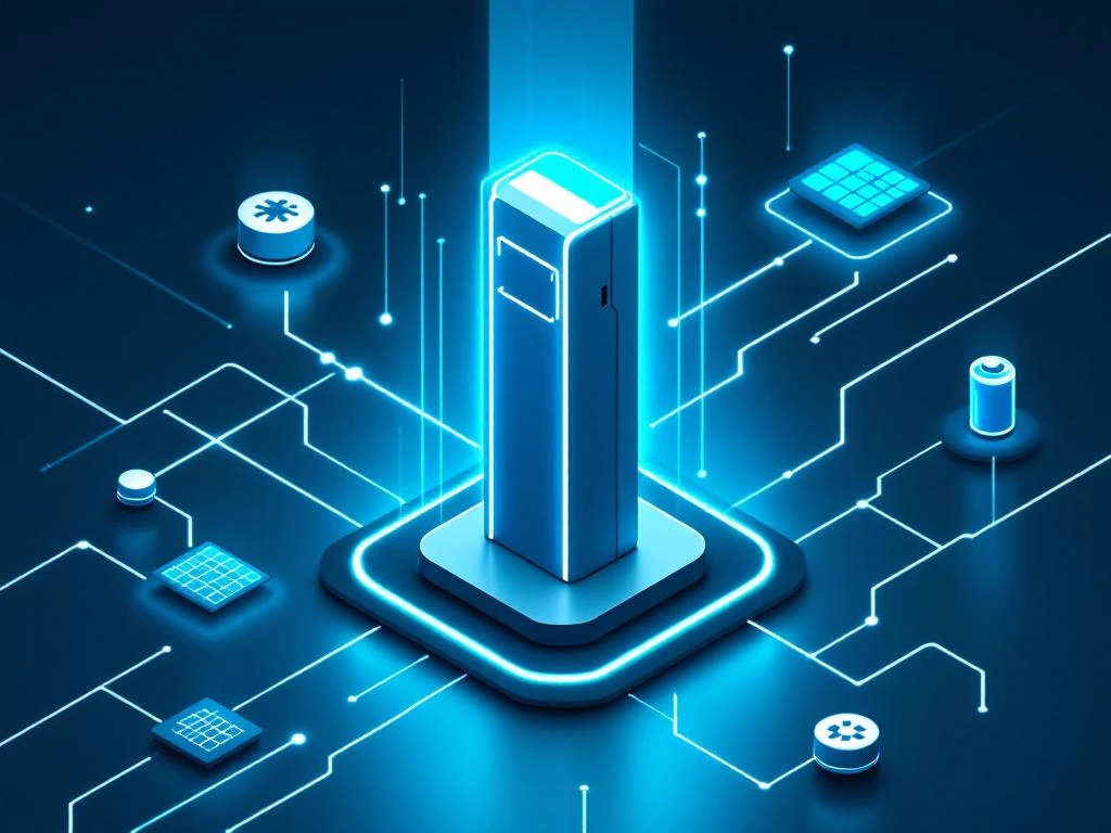 Elektrisch laadstation in isometrisch ontwerp met blauwe energielijnen, zonnepanelen en batterij-iconen in netwerk