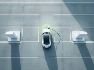 Bovenaanzicht van elektrische auto aan moderne laadpaal op bedrijfsparkeerterrein met geometrische lijnen