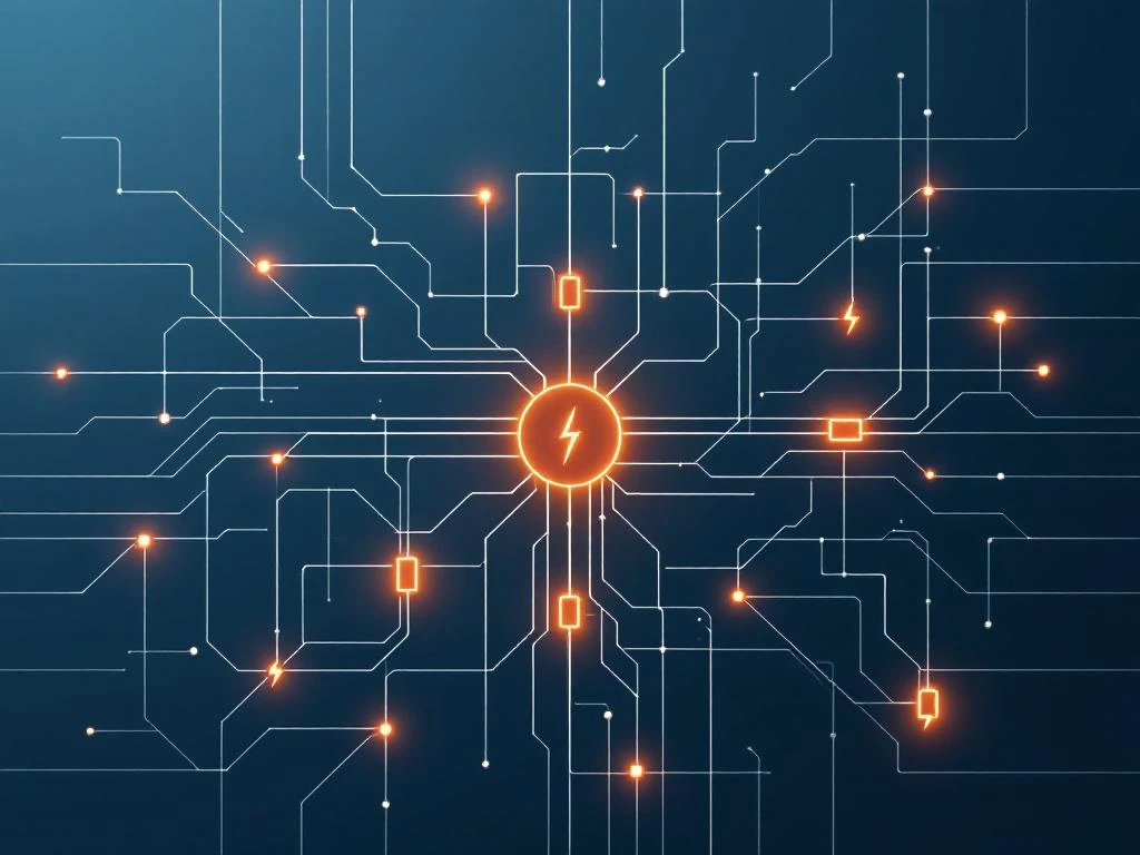 Bovenaanzicht van abstract elektrisch netwerk met oranje oplaadbottleneck in het centrum op blauwe achtergrond