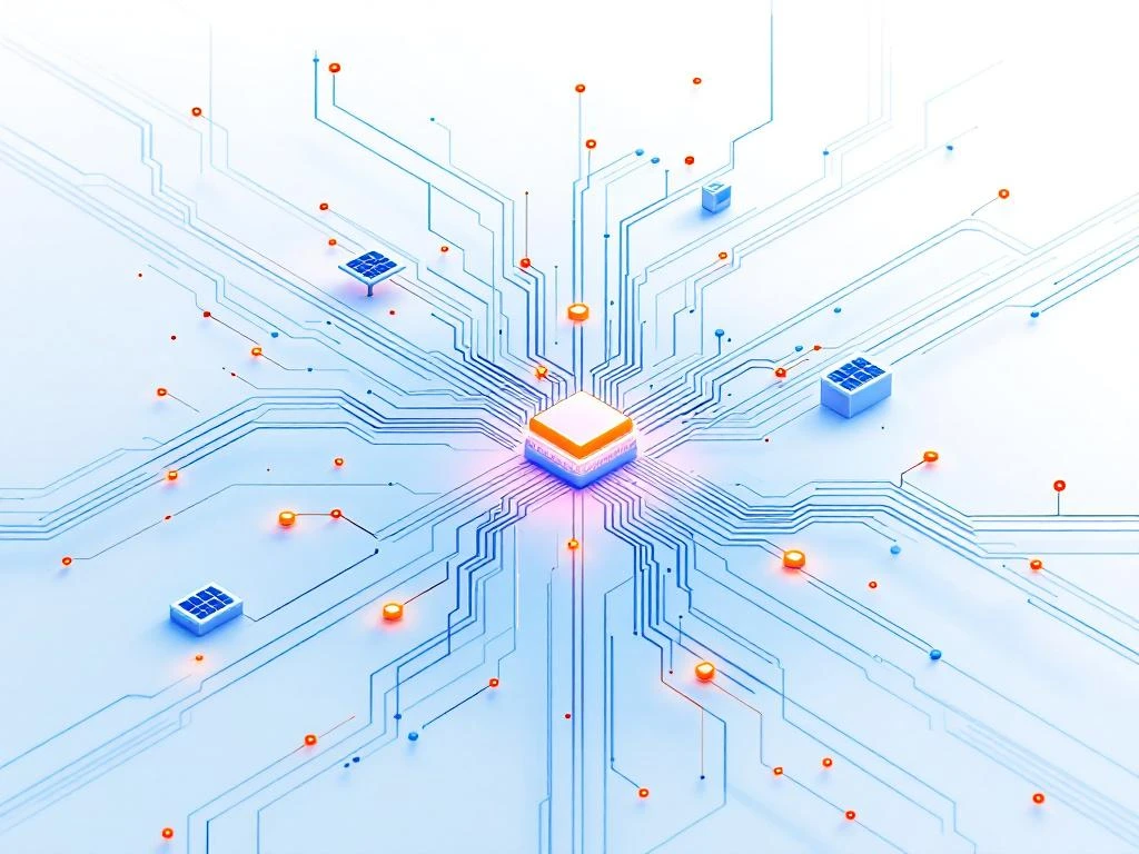 Luchtfoto van elektrisch netwerk met blauwe lijnen, knooppunten en amber waarschuwingen voor capaciteitsgrenzen