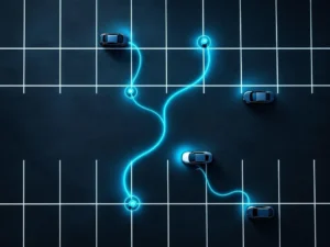 Bovenaanzicht van moderne bedrijfsparkeerplaats met elektrische voertuigen aangesloten op oplaadstations met blauwe kabels