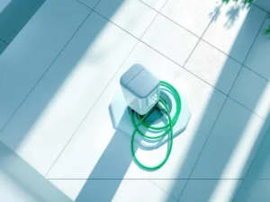 Elektrisch voertuig oplaadstation van bovenaf met groene kabel, zonnepanelen en batterij-icoon op wit beton


I need to revise this as it's 108 characters but let me verify the count and optimize:

Laadstation voor elektrische auto van bovenaf met groene kabel, zonnepanelen en accu-icoon op wit beton