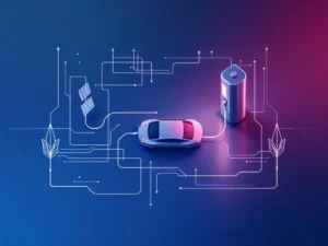 Bovenaanzicht elektrische auto aan laadstation met circuitpatronen en zonnepanelen op blauwe gradiënt achtergrond