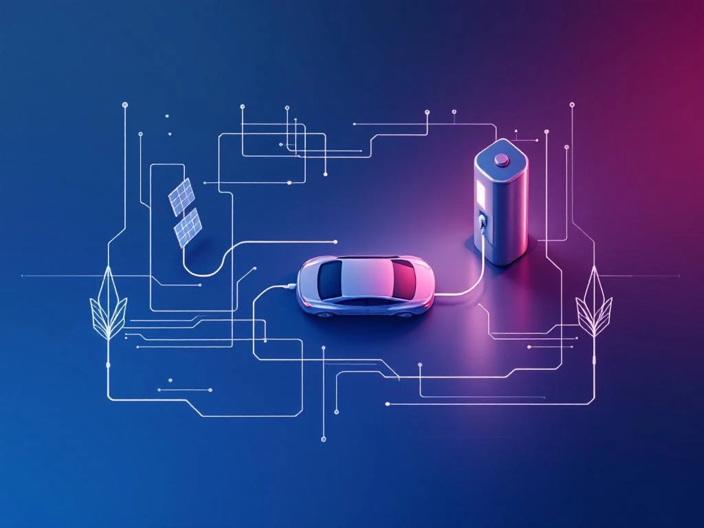 Bovenaanzicht elektrische auto aan laadstation met circuitpatronen en zonnepanelen op blauwe gradiënt achtergrond