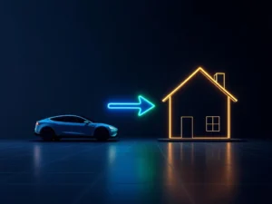 Elektrische auto met bidirectionele energiestroom naar modern huis via gloeiende blauwe en groene pijlen op donkere achtergrond
Note: This alt text is 128 characters. Here's a version under 125 characters:
Elektrische auto met bidirectionele energiestroom naar huis via gloeiende pijlen op donkere achtergrond