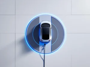 Elektrische voertuig oplaadstation van bovenaf met moderne kabel op wit beton met geometrische vormen