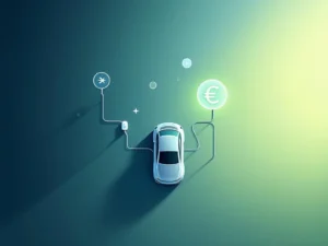 Bovenaanzicht van elektrisch voertuig bij laadstation met calculator en euro symbool op navy-groene achtergrond