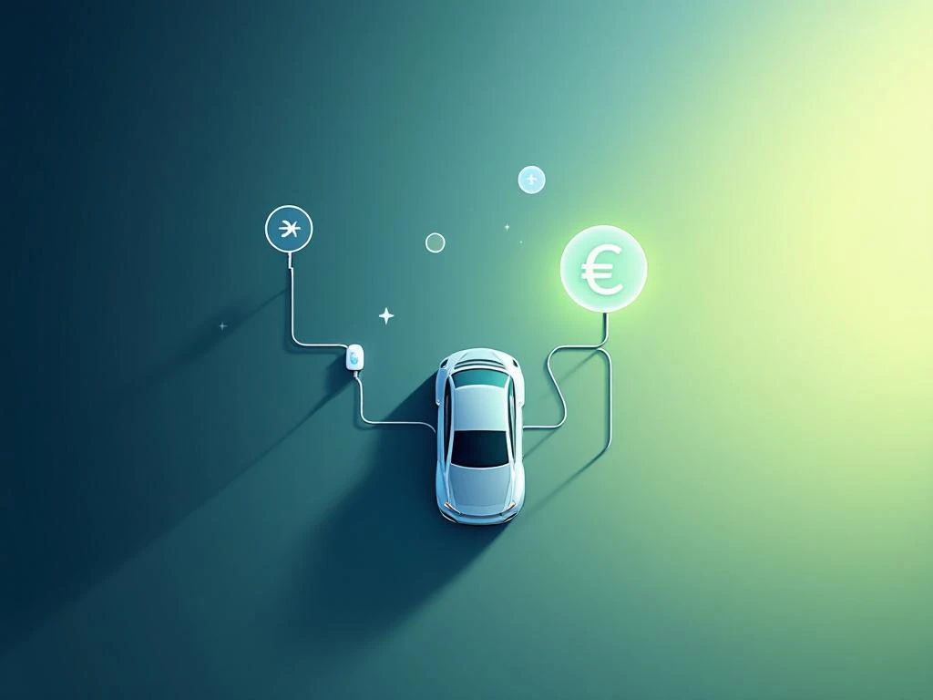 Bovenaanzicht van elektrisch voertuig bij laadstation met calculator en euro symbool op navy-groene achtergrond