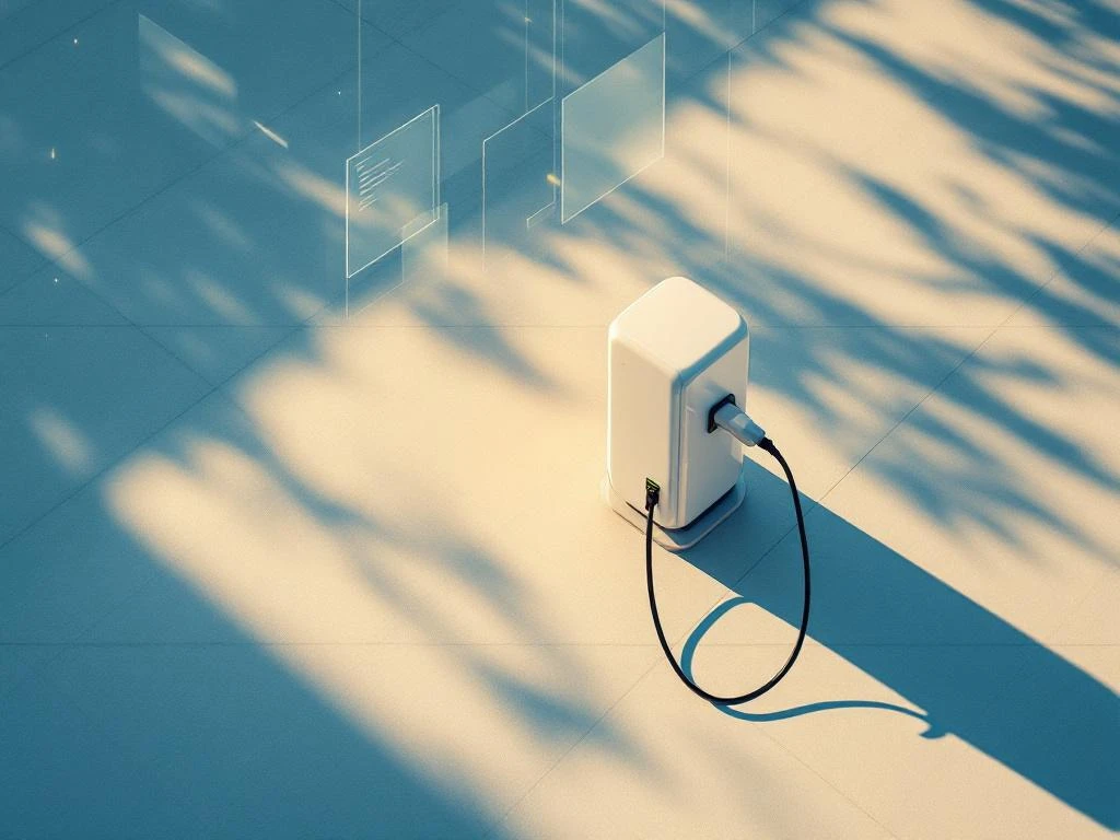 Elektrische laadpaal van bovenaf met vergunningsdocumenten en architectonische lijntekeningen in gouden zonlicht