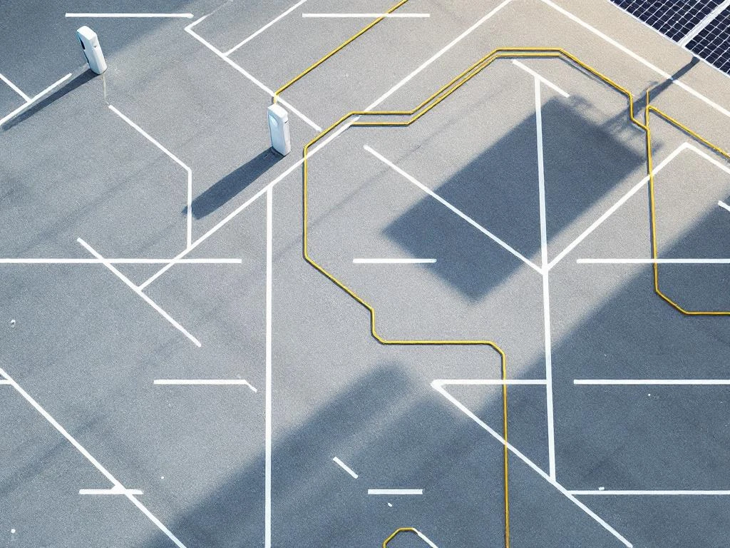 Moderne parkeerplaats met elektrische oplaadstations en zonnepanelen, bovenaanzicht met witte parkeervakken