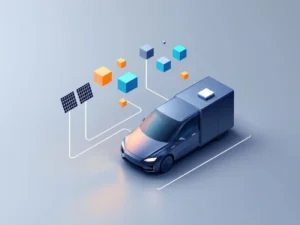 Isometrische illustratie van elektrisch laadstation verbonden met batterijopslag en zonnepanelen in blauw en amber