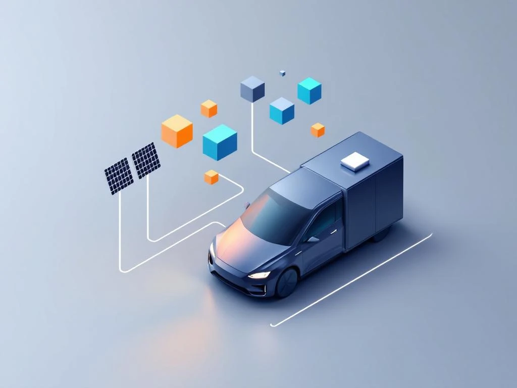 Isometrische illustratie van elektrisch laadstation verbonden met batterijopslag en zonnepanelen in blauw en amber