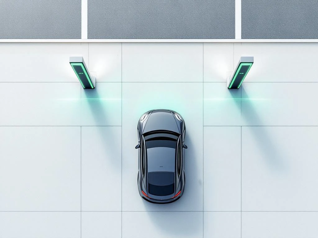 Bovenaanzicht van elektrisch voertuig bij laadstation met geometrische laadpalen en groene energie-indicatoren