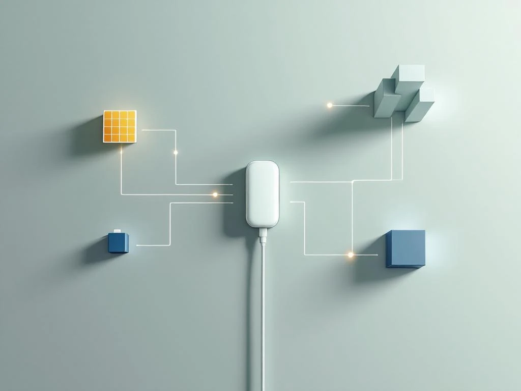 Laadstation met vertakkende kabel naar zonnepaneel, batterij en gebouw in minimalistisch design met energiestroom