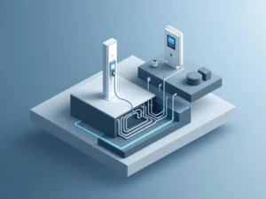 Isometrische weergave van EV-laadinfrastructuur componenten: laadpaal, kabels, schakelaar en meter op blauwe achtergrond