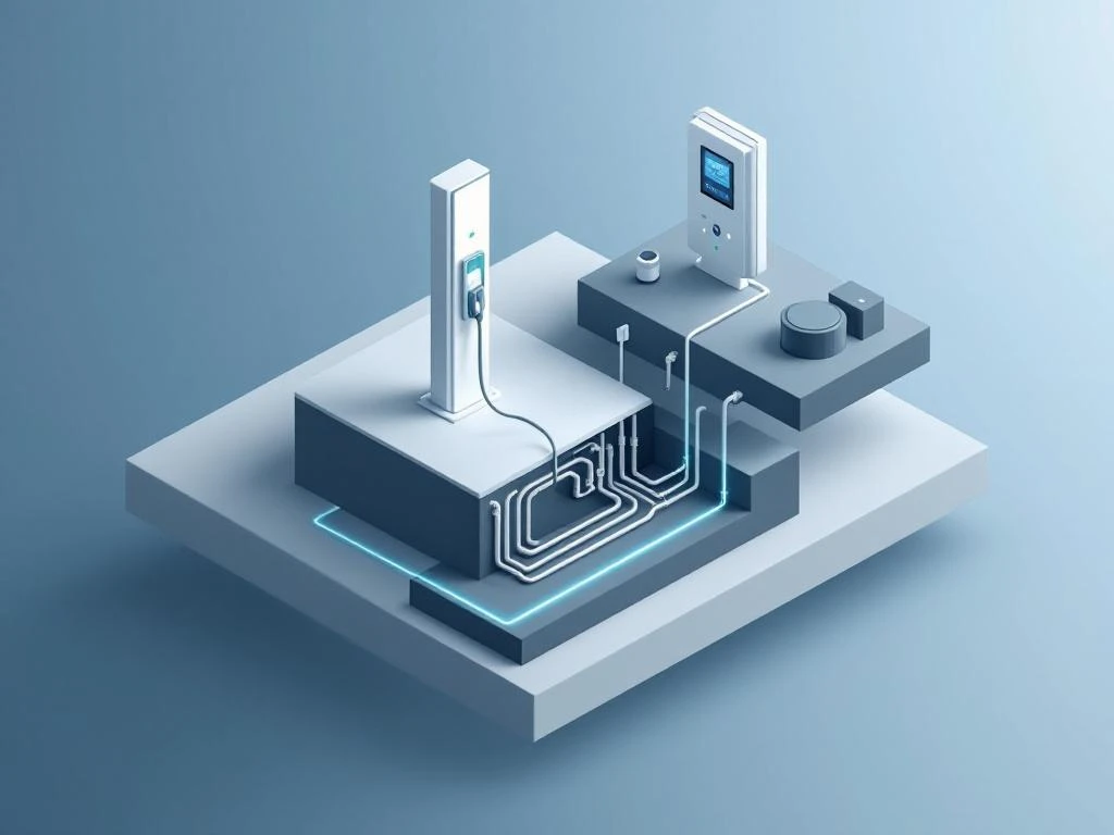 Isometrische weergave van EV-laadinfrastructuur componenten: laadpaal, kabels, schakelaar en meter op blauwe achtergrond