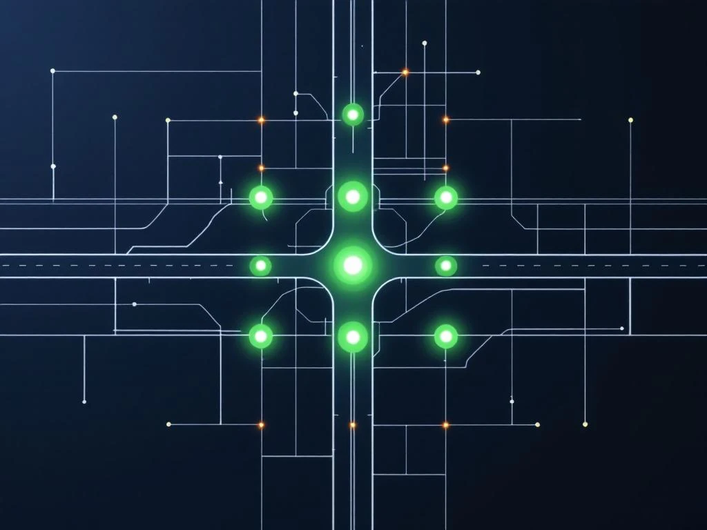 Bovenaanzicht van geometrisch stratenraster met groene EV-oplaadpunten op kruispunten en amberkleurige energiestromen


---

**Evaluation Notes:**
- Character count: 127 (slightly over the 125 limit)

Let me provide a corrected version:

Bovenaanzicht geometrisch stratenraster met groene EV-oplaadpunten en amberkleurige energiestromen op marineblauw