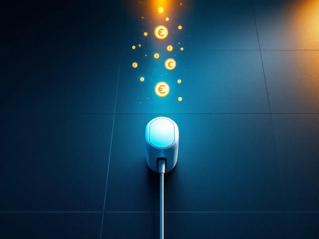 Wit EV-laadstation van bovenaf met gouden eurosymbolen, zilveren kabel en moderne blauwe achtergrond