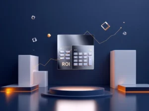 Chrome rekenmachine met witte oplaadstations en gouden ROI-grafiek op marineblauwe achtergrond