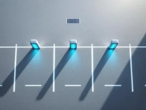 Moderne parkeerplaats met drie elektrische oplaadstations met blauwe LED-verlichting en zonnepanelen van bovenaf gezien