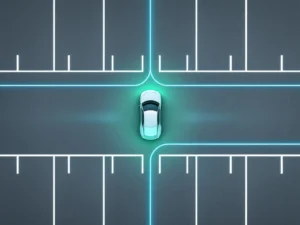 Moderne parkeerplaats met elektrische laadstations in symmetrisch patroon, bovenaanzicht met blauwe en groene accenten