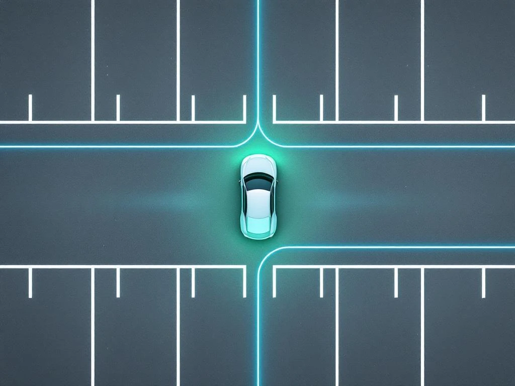 Moderne parkeerplaats met elektrische laadstations in symmetrisch patroon, bovenaanzicht met blauwe en groene accenten
