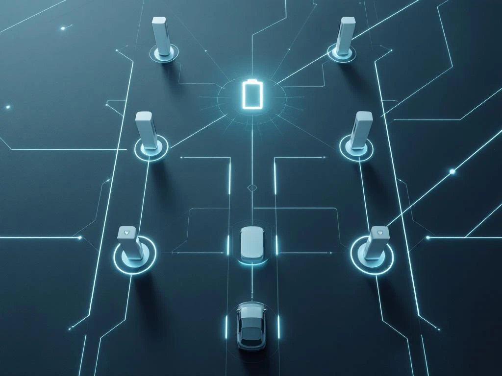 Bovenaanzicht van minimalistische oplaadstations in rasterpatroon met cyaan verlichting en energie-stroomvisualisatie