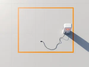 Bovenaanzicht van minimalistische laadstationplein met witte laadpalen, rode waarschuwingssymbool en losse kabel op beton