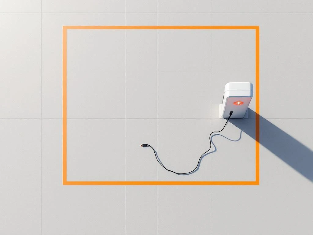 Bovenaanzicht van minimalistische laadstationplein met witte laadpalen, rode waarschuwingssymbool en losse kabel op beton