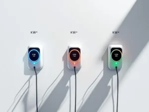 Drie oplaadstations met LED-ringen in blauw, amber en groen die verschillende vermogensniveaus tonen op witte achtergrond