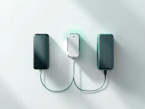 Drie moderne oplaadstations in driehoeksvorm met groene accenten op witte achtergrond, bovenaanzicht