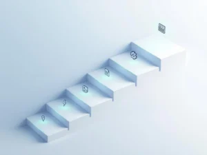 Vijf oplopende witte trappen met groene verlichting en pictogrammen voor workflow-proces op technologische achtergrond