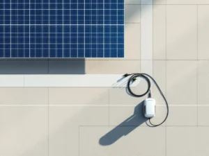 Luchtfoto van zonnepanelen verbonden met EV-laadstation via witte geometrische paden op betonnen oppervlak