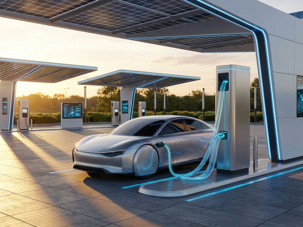 Autonome auto bij futuristische laadpaal met blauwe LED-connectoren en zonnepanelen tijdens gouden uur