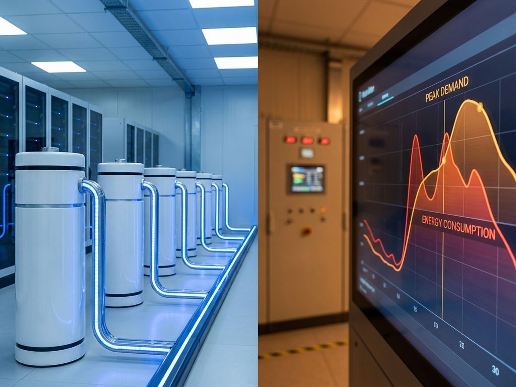 Moderne industriële batterijopslagsysteem verbonden met energieverbruiksgrafiek die piekbelasting toont